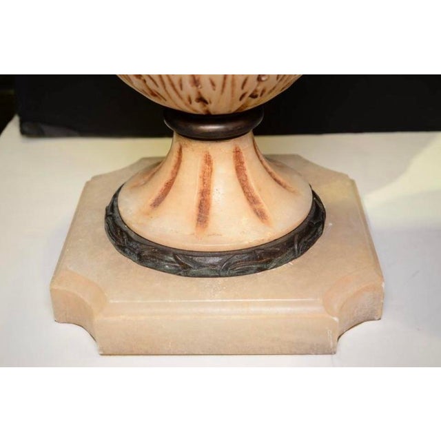 19th Century 19th Century Neoclassical Pair of Carved Alabaster and Bronze Urns With Mask Face Handles For Sale - Image 5 of 6