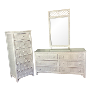 Vintage Henry Link Lexington White Wicker Bedroom Furniture Set Dresser, Mirror, Lingerie Chest
