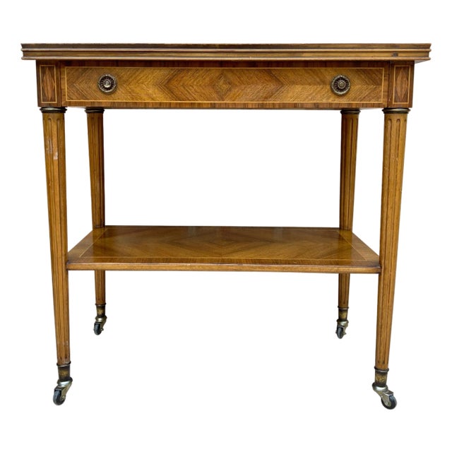 Neoclassic French Marquetry Side Table With One Drawer And Wheels 1940s For Sale