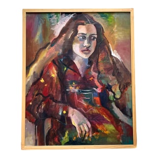 Vintage Boho Original Oil Portrait on Canvas For Sale