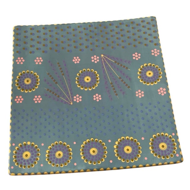 African Large Handmade South African Ceramic Platter – Teal and Ochre Slip-Dot Floral Square Plate For Sale - Image 3 of 11