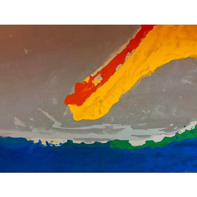 Monumental vintage abstract colorfield painting on canvas, dated 1985. Unsigned. Framed in a light wood lath frame....