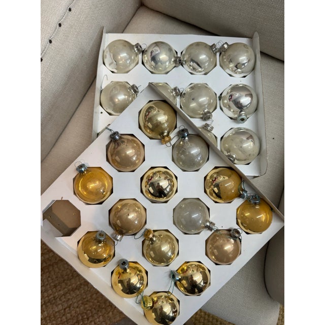 Gorgeous 1960s weathered patina set of 28 vintage silver and gold glass Christmas tree ornaments. Original cardboard/paper...