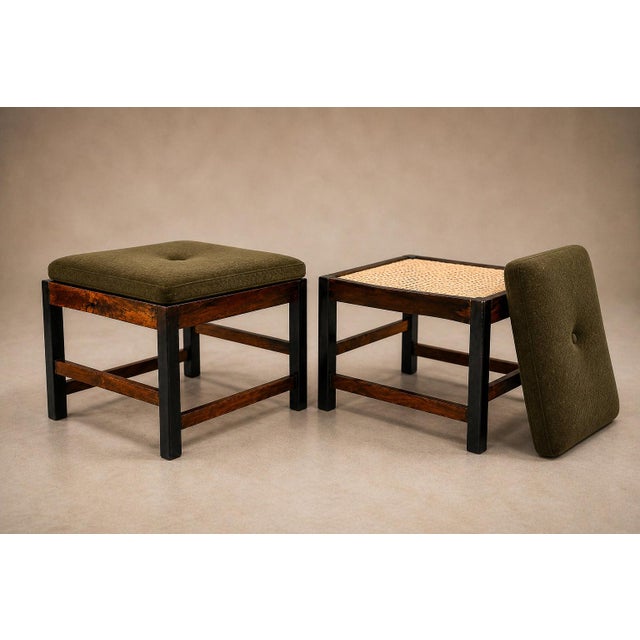 Pair of Brazilian Modern Stools in Rosewood, Cane, and Olive Mohair Cushions — Liceu De Artes, 1960s For Sale - Image 10 of 18