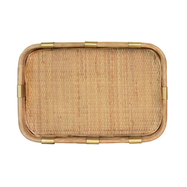 Contemporary Matthew Izzo Home Barley Rattan & Brass Serving Tray For Sale - Image 3 of 5