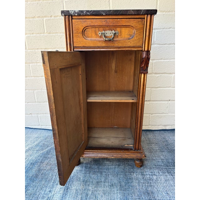 Wood Antique Walnut Nightstand / Bedside Cabinet Featuring a Dark Marble Top and a Single Drawer Above a Cabinet Door For Sale - Image 7 of 9