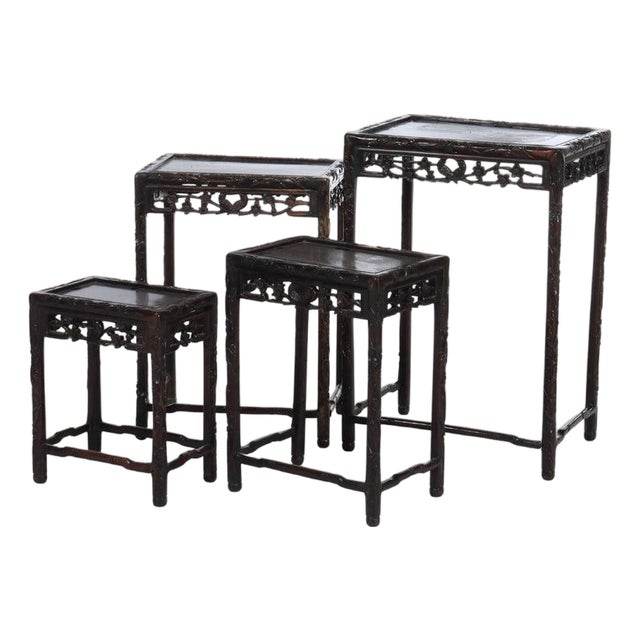 Set of 4 Antique Chinese Floral & Figural Carved Hardwood Nesting Tables For Sale