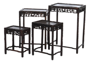 Set of 4 Antique Chinese Floral & Figural Carved Hardwood Nesting Tables