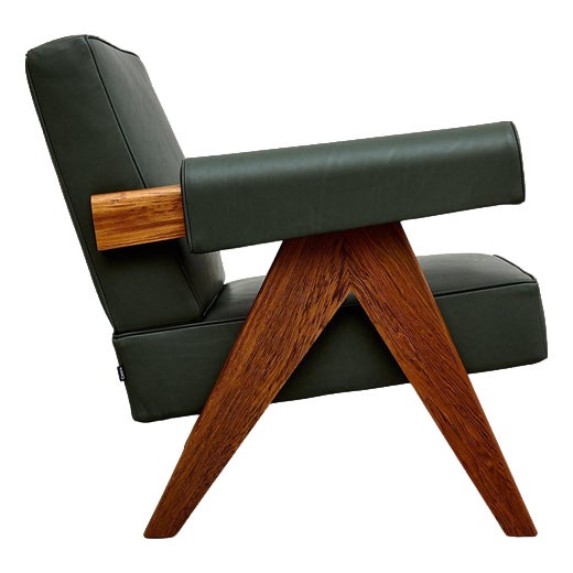 Capitol Complex Teak and Green Leather 053 Armchair by Pierre Jeanneret for Cassina For Sale
