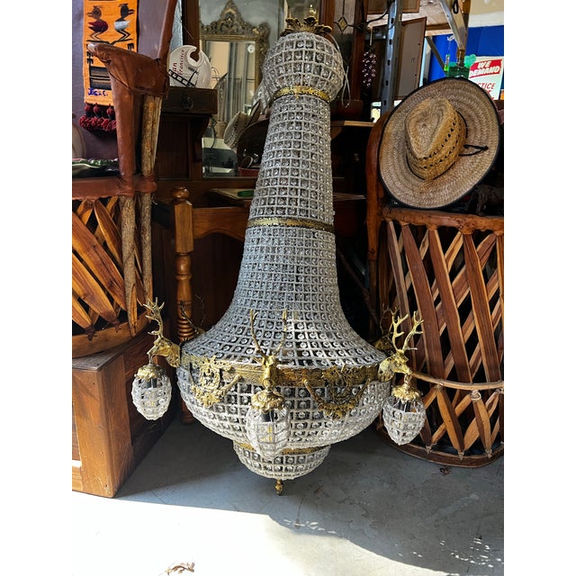 Vintage Extra Large Gold and Crystal Deer Head 18-Light Chandelier For Sale - Image 10 of 12