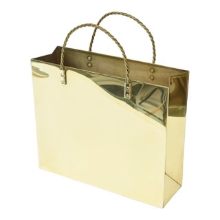 Vintage Brass Shopping Bag Sculpture or Magazine Holder With Braided Handles 70's For Sale