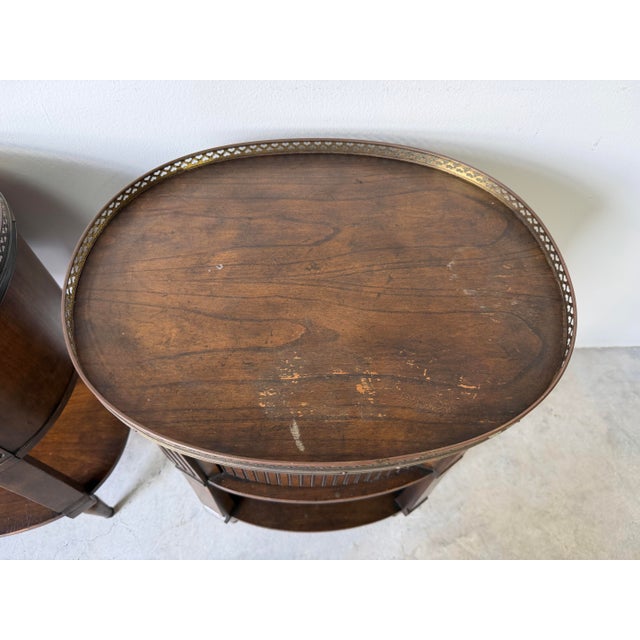 Brown Vintage Baker Furniture French Regency Style Tambour Door Nightstands With Pierced Brass Gallery – A Pair For Sale - Image 8 of 12