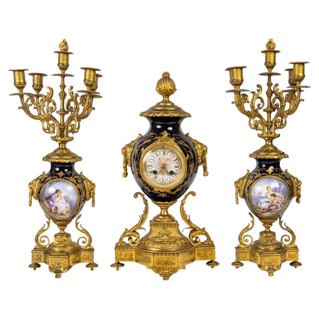Black Mantel Set with a Clock and Two Candelabras, 19th Century, Set of 3 For Sale - Image 8 of 8