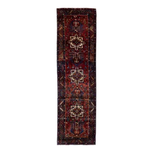 1960s Vintage Persian Heriz Navy Blue Handmade Medallion Wool Runner
