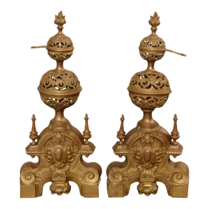 Renaissance Revival Vintage Brass Andirons - A Pair