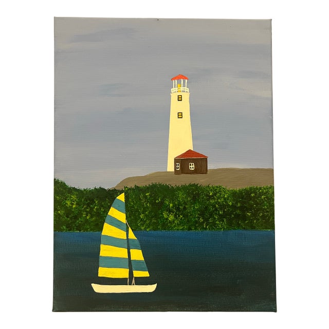 Folk Art Nautical Landscape Seascape, Lighthouse & Sailboat, Painted on Canvas, Signed, Dated For Sale