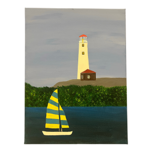 Folk Art Nautical Landscape Seascape, Lighthouse & Sailboat, Painted on Canvas, Signed, Dated