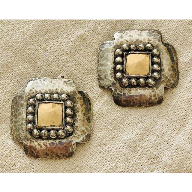 Early Vintage 1980’s Dian Malouf Oxidized Sterling & 14k Gold Hammered ‘Signature’ Cross Earrings, With Beaded Silver Frame, A Pair For Sale - Image 9 of 11