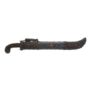Vintage Sino Tibetan Short Sword Dagger Hand Forged Steel Repousse Scabbard 25" For Sale