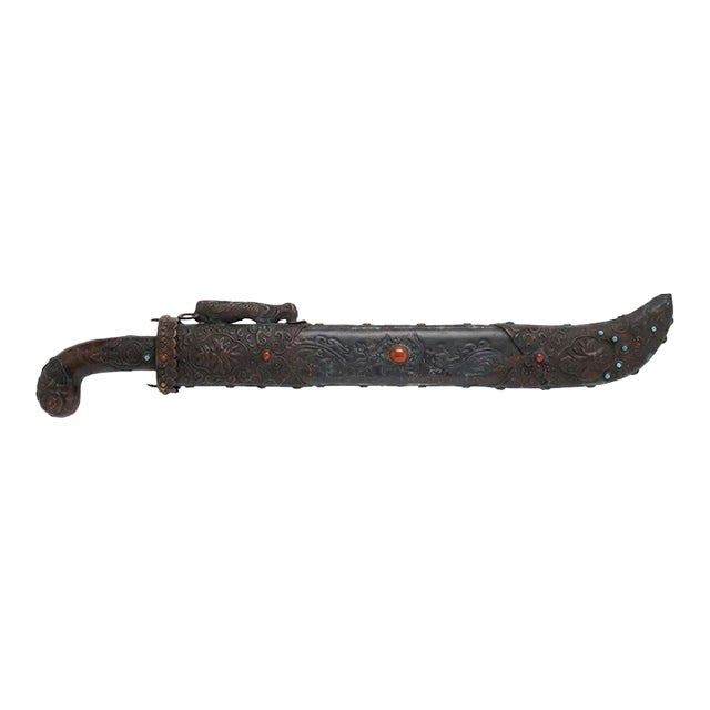 Vintage Sino Tibetan Short Sword Dagger Hand Forged Steel Repousse Scabbard 25" For Sale