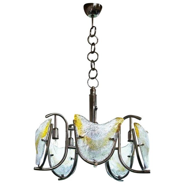 Italian Midcentury Mazzega/Murano Chandelier With Chrome Frame and Amber Glass For Sale
