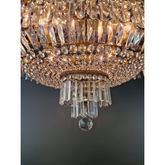 Antique Art Nouveau Low Oval Plafonnier Crystal Chandelier Brass For Sale - Image 10 of 15
