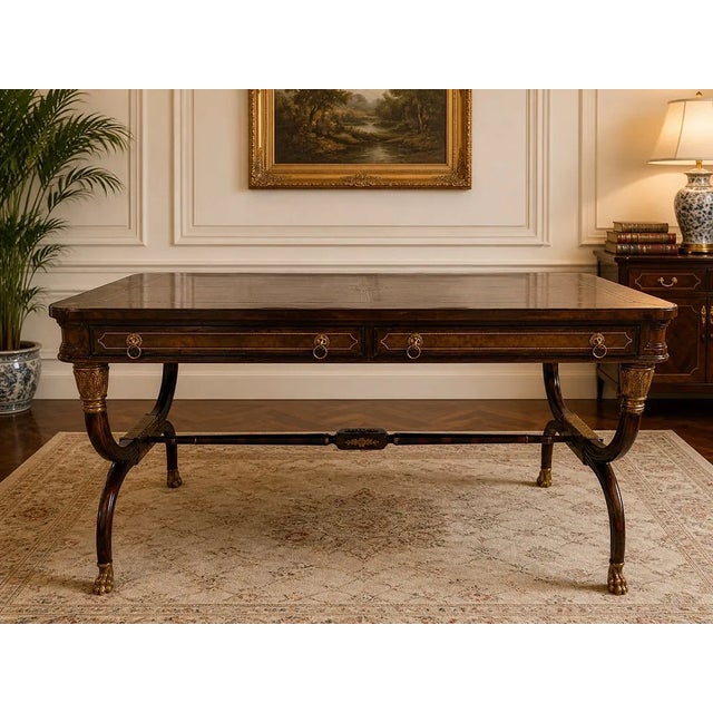 1960s Large Vintage 60 Inch Mahogany Leather Top Baker Style Writing Desk For Sale - Image 5 of 6