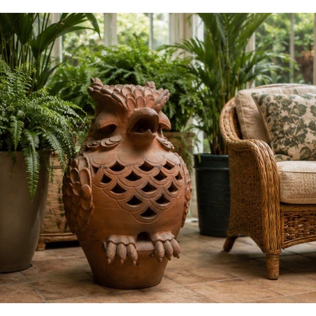 Terra Cotta Vintage Italian-Style Terracotta Owl Garden Statue & Lantern For Sale - Image 8 of 12