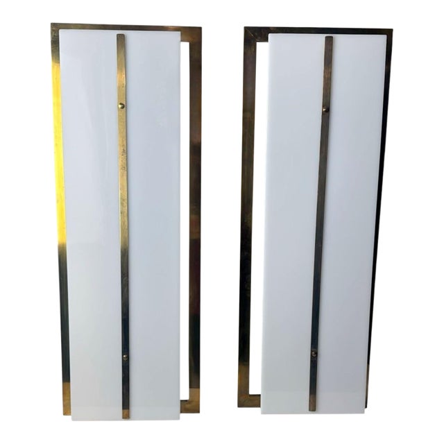 Late 20th Century Romeo Rega Style Large Italian Brass and Opaline Plexiglass Wall Sconces - a Pair For Sale