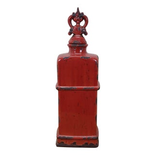 JCPenney Imax Distressed Red Ceramic Lidded Mantel Vase Urn Bottle 18" For Sale