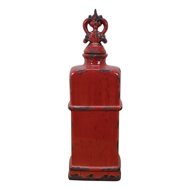 JCPenney Imax Distressed Red Ceramic Lidded Mantel Vase Urn Bottle 18" For Sale