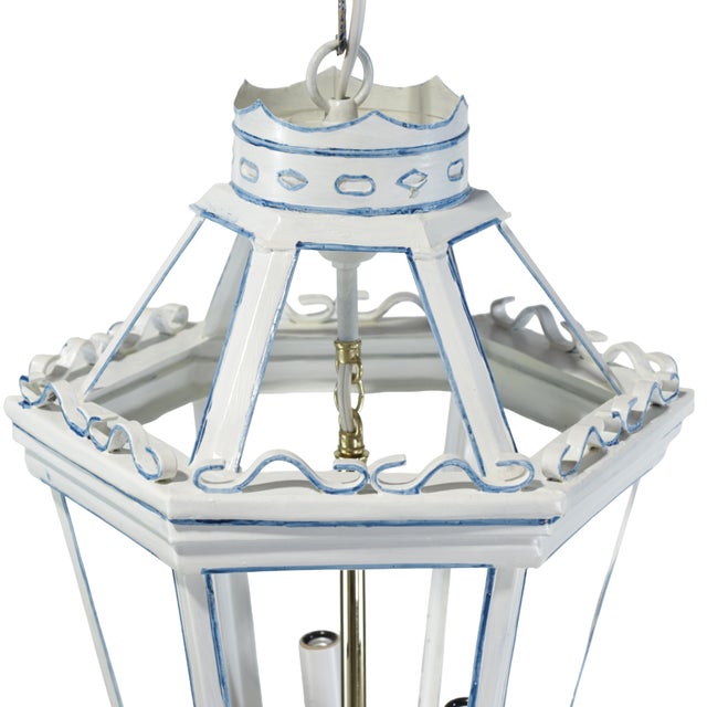 Metal A Vintage-Style Venetian Chandelier in White and Blue Tones, Featuring Three Lamps. For Sale - Image 7 of 12