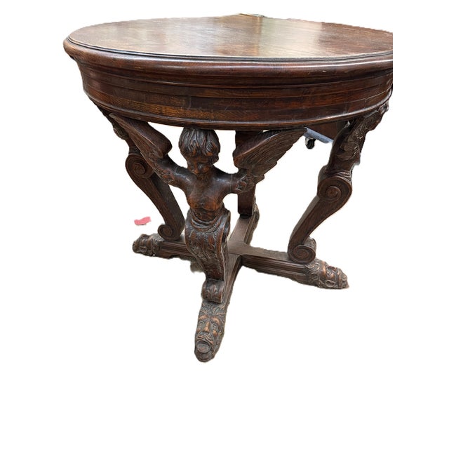 Baroque 19th Century Baroque Round Oak Table With Winged Cherubs For Sale - Image 3 of 5