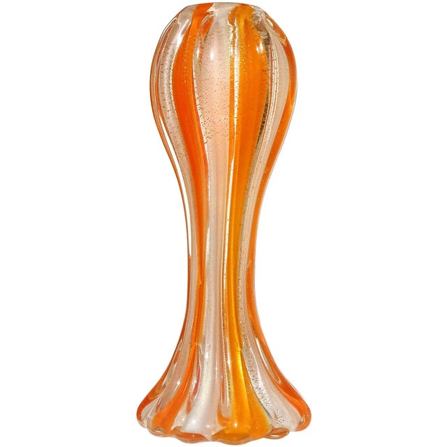 Vintage Murano Salviati Barbini 1950s Orange White Gold Flecks Italian Art Glass Flower Vase For Sale In Orlando - Image 6 of 6