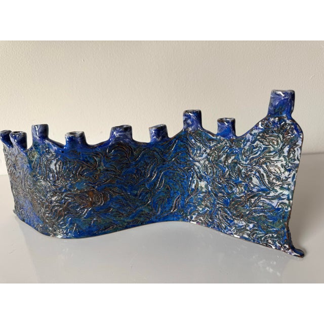 Blue 1990’s Vintage Handmade Blue Glazed Studio Pottery Ceramic Sculptural Menorah For Sale - Image 8 of 12