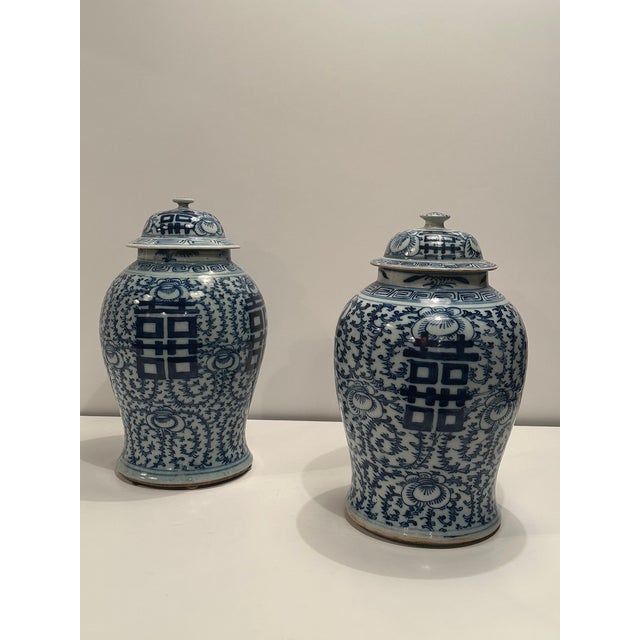 Antique Chinese Blue and White Lidded Wedding Jars -a Pair For Sale - Image 10 of 12
