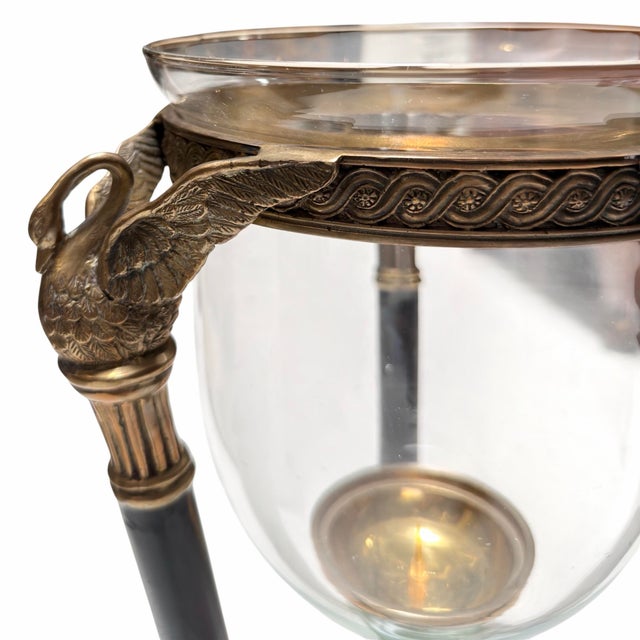 Pair of French Empire Style Bronze Swan & Glass Hurricane Lamp Candle Holders For Sale - Image 4 of 9