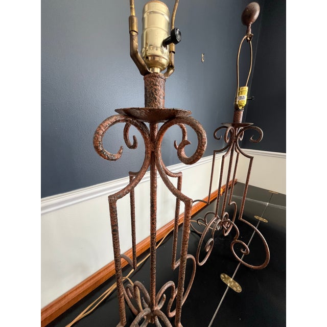 Brown Mid Century Spanish Revival Wrought Iron Table Lamps With Hand Forged Scrollwork For Sale - Image 8 of 8
