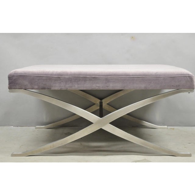 Contemporary Modern Brushed Chrome Frame X-Form Purple Tufted Bench Ottoman For Sale - Image 13 of 13
