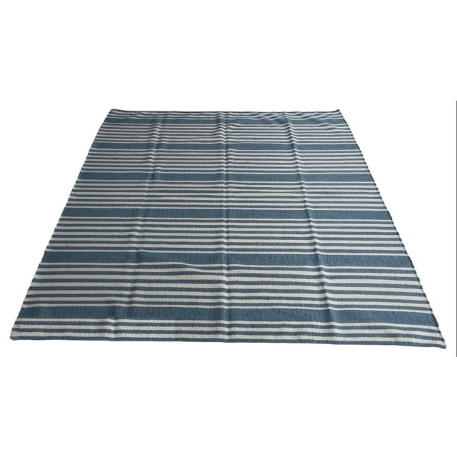 Textile Handmade Thick Woolen Flat Weave Rug, Sky Blue and White Striped Wool Rug - 8'x8' For Sale - Image 7 of 14