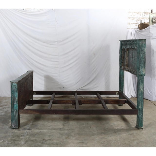 Complete King Size Bed Constructed From an Antique Painted Teakwood Gujarati Door and Pillars For Sale - Image 9 of 10