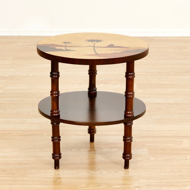Brown 1950s Brazilian Tiki Side Table Inlaid Marquetry Beach Scene For Sale - Image 8 of 9