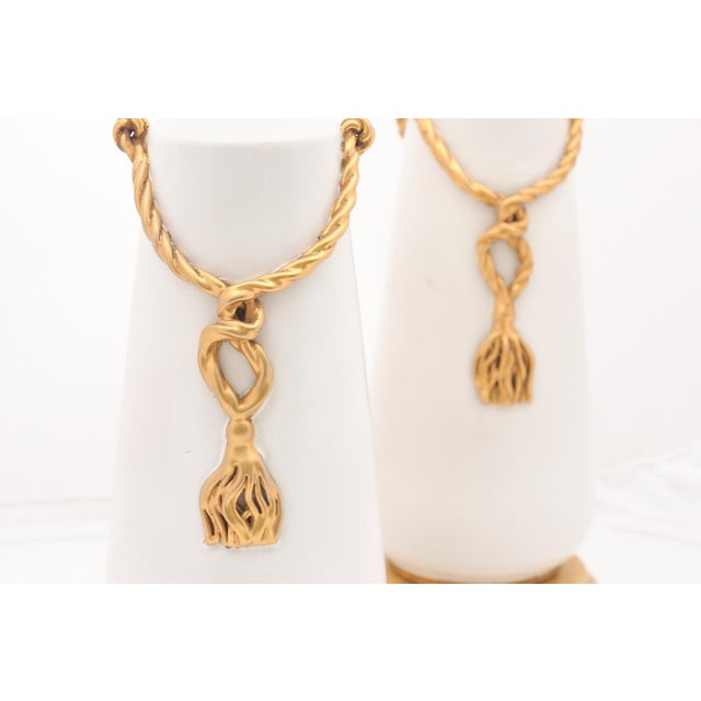 Pair of Large Signed Italian Marbro Ceramic + Gilt Tassel Lamps, 1960s For Sale - Image 9 of 12