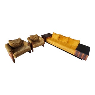 1970s Brutalist Lane Furniture 'Pueblo' Sofa with Attached End Tables and Matching Chairs- 3 Pieces For Sale