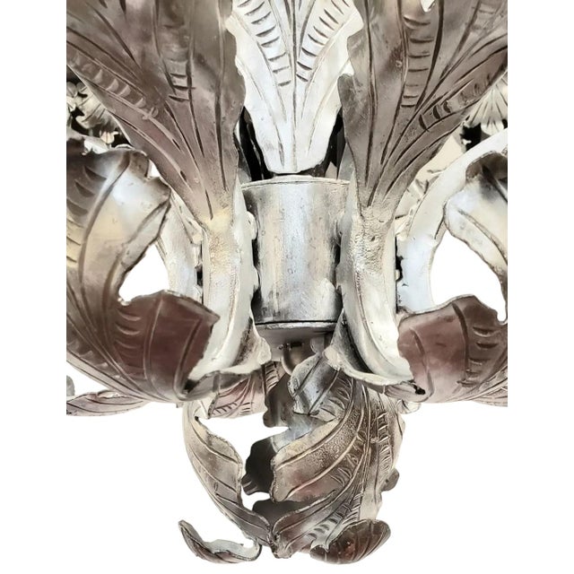 Silver Mid 20th Century French Art Deco 9-Light Hand-Forged Wrought Iron Acanthus Chandelier For Sale - Image 8 of 18