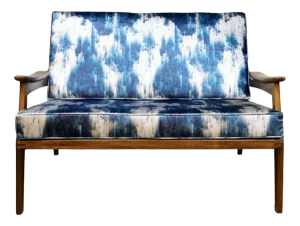 Mid-Century Teak & Blue Silk Loveseat