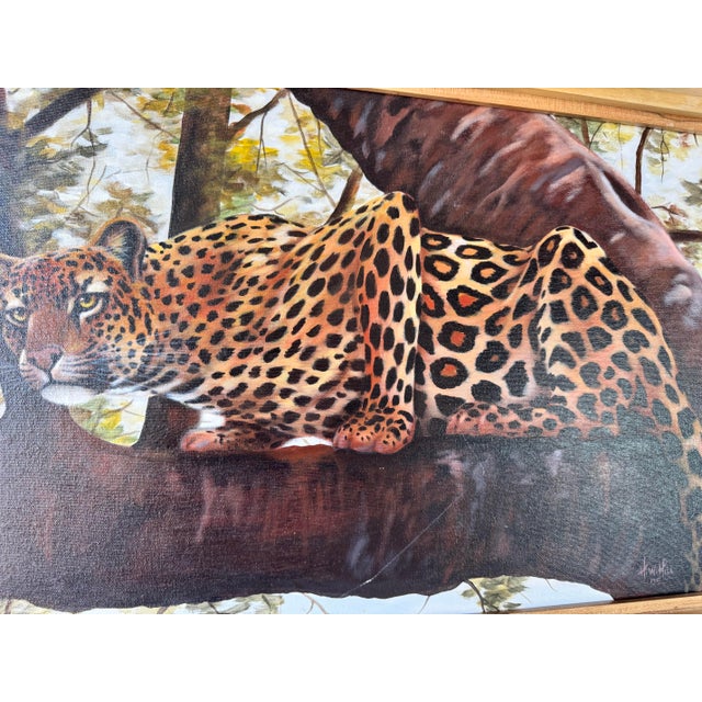 2000 - 2009 Vintage H.W.Hill Wildlife - Tiger on Tree Landscape Oil on Canvas Painting, Framed For Sale - Image 5 of 11