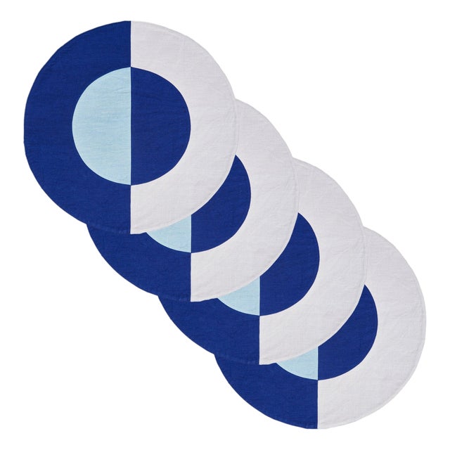 Misette Bauhaus Embroidered Linen Round Placemats in Blue, Set of 4 For Sale