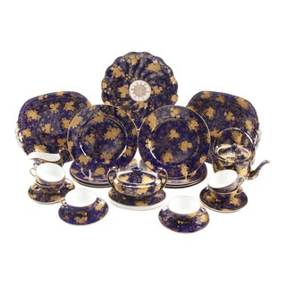 19th Century English Davenport Cobalt Gilt Tea Set & Dessert Service, 29 Pieces For Sale
