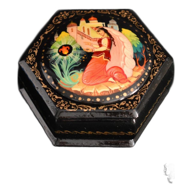 Vintage Russian Lacquer Box Painted Fairy Tale Scarlet Flower Trinket Signed For Sale